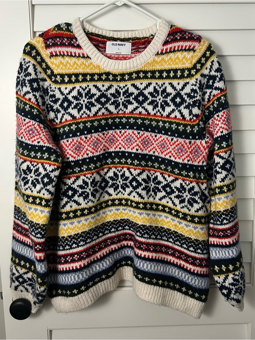Old Navy Multicolor Fair Isle Crewneck Sweater - White, Navy, Yellow, Red, Green